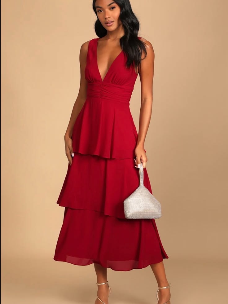 Dress Nwt 's Red Tiered V Neck Midi Dress Color: Red Size: Xs