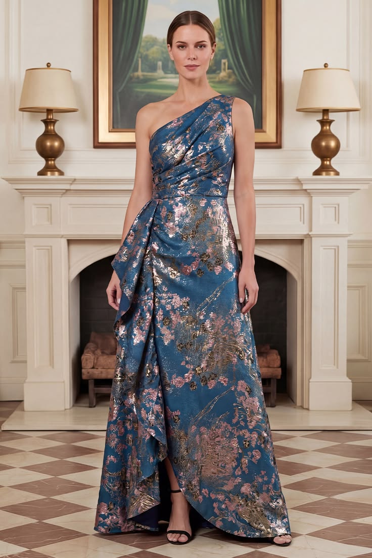 One Shoulder Navy Mermaid Floral Mother Of The Bride Dress With Sash