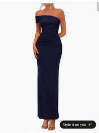 Amazon Dress One Shoulder Navy Blue Ruched Evening Dress Color: Blue