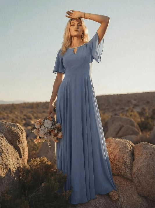 Missacc Slate Blue Bridesmaid A Line Scoop Neck Short Sleeves Floor