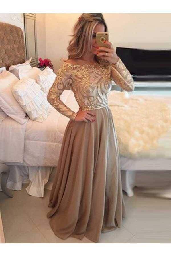 A Line Sheer Neckline Prom Dress Floor Length Long Sleeves Evening