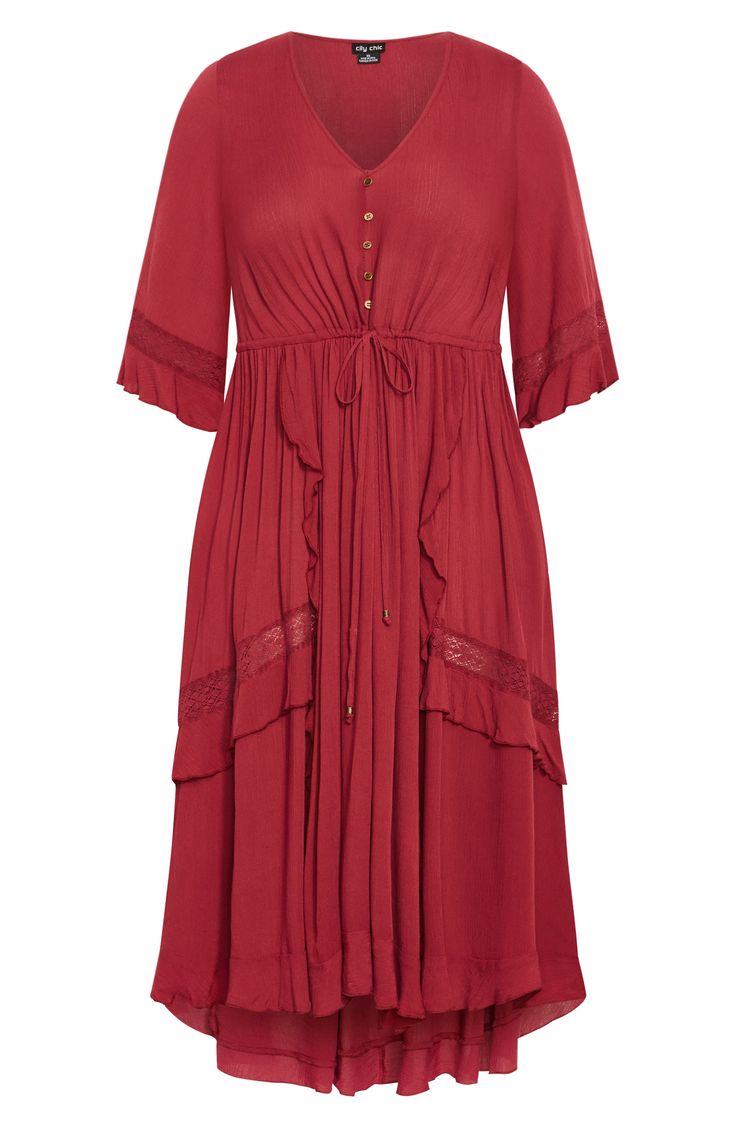 City Chic Rosie Lace Trim High Low Maxi Dress In Red At