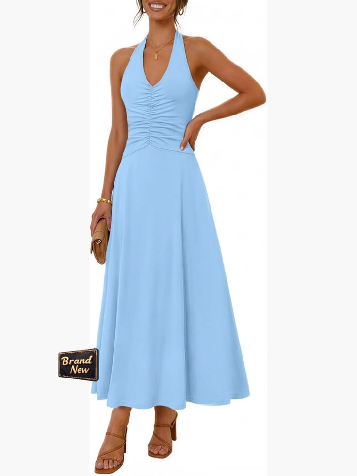 Formal Halter Maxi Dress Backless V Neck Ruched Bodycon Color: Blue