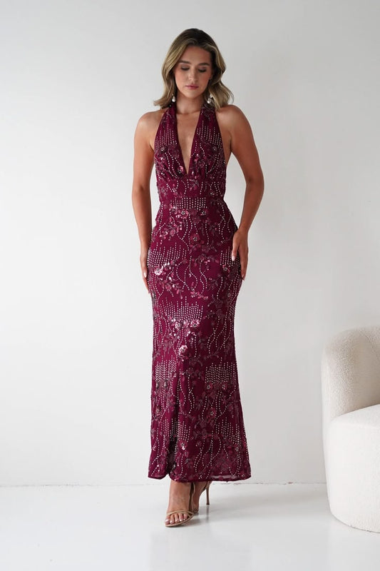 Sabrina Beaded Halterneck Maxi Dress Wine