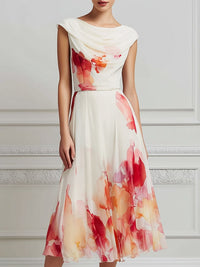 Bateau Neck Artistic Floral Midi Dress White M(8 10)