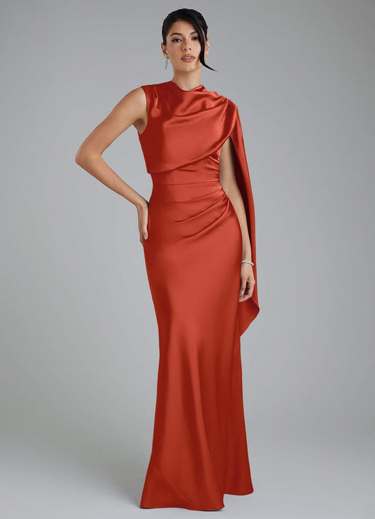 Mermaid High Neck Floor Length Stretch Satin Bridesmaid Dress Rust