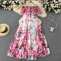 Cute Off The Shoulder Slit Floral Dress Women's Dress P112