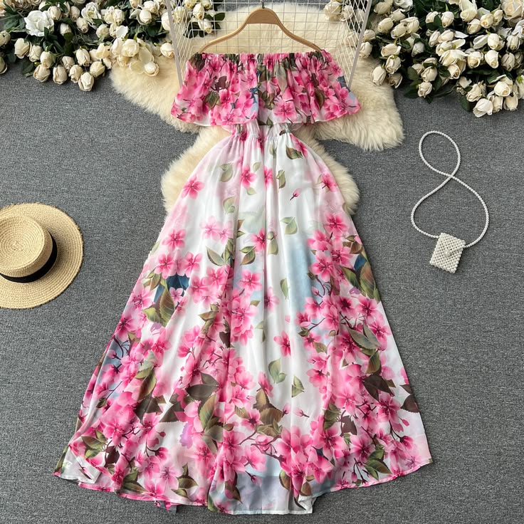 Cute Off The Shoulder Slit Floral Dress Women's Dress P112