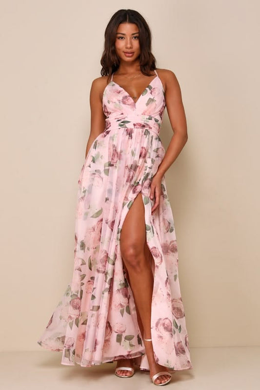 Romance That Wows Blush Floral Print Organza Maxi Dress