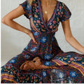 Bellanblue Dress Boho Gypsy Navy Floral Print Wrap Midi Dress Color: