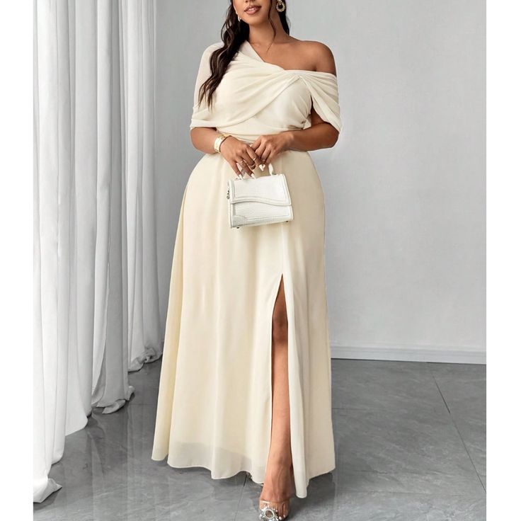 Plus One Shoulder Split Thigh Party Evening Gown Dress Color: Cream