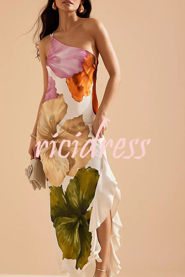 Love Filled Floral Print One Shoulder Side Ruffles Maxi Slip Dress
