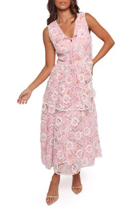 Petal & Pup Eleonora Lace Embroidered Midi Dress In Pink Floral At