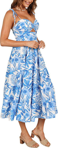 Rose Floral Tie Strap Tiered Midi Dress (Women)