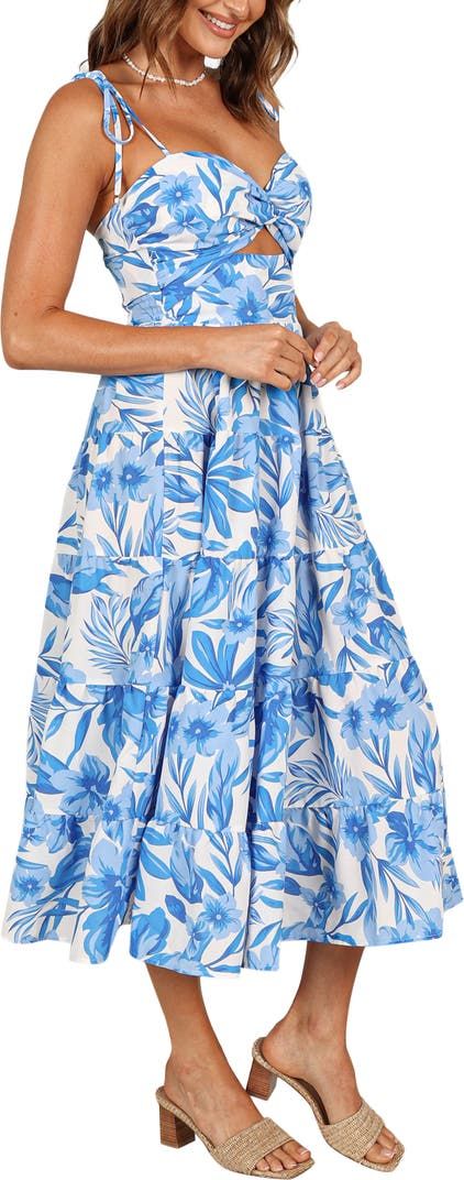 Rose Floral Tie Strap Tiered Midi Dress (Women)