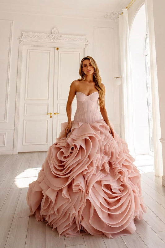 Blush Pink Satin Rose Wedding Dress Organza Skirt Floral Bridal Gown