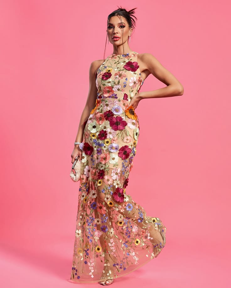 Maraya Floral Applique Maxi Dress Colorful