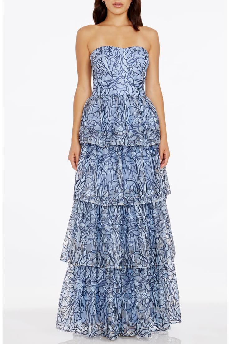 Aubriella Beaded Floral Strapless Tiered Gown