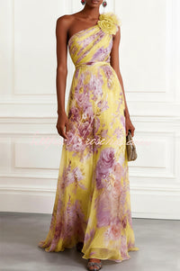Verne Chiffon 3D Floral One Shoulder Pleated Sleeveless A-Line Gown Maxi Dress