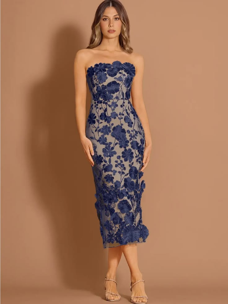 Dress Strapless Della Navy Floral Lace Midi Dress Nwt Color: Blue