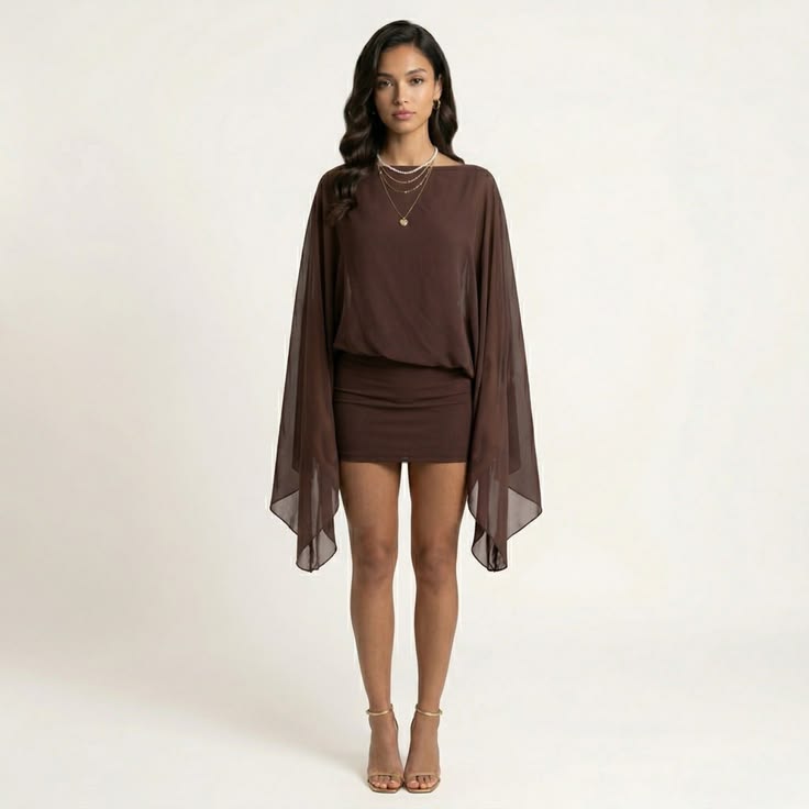 Anna Kaci Women's Mini Dress With Sheer Draped Long Sleeves And Fitted