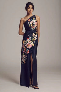Dylan Stretch Satin One Shoulder Side Slit Maxi Dress