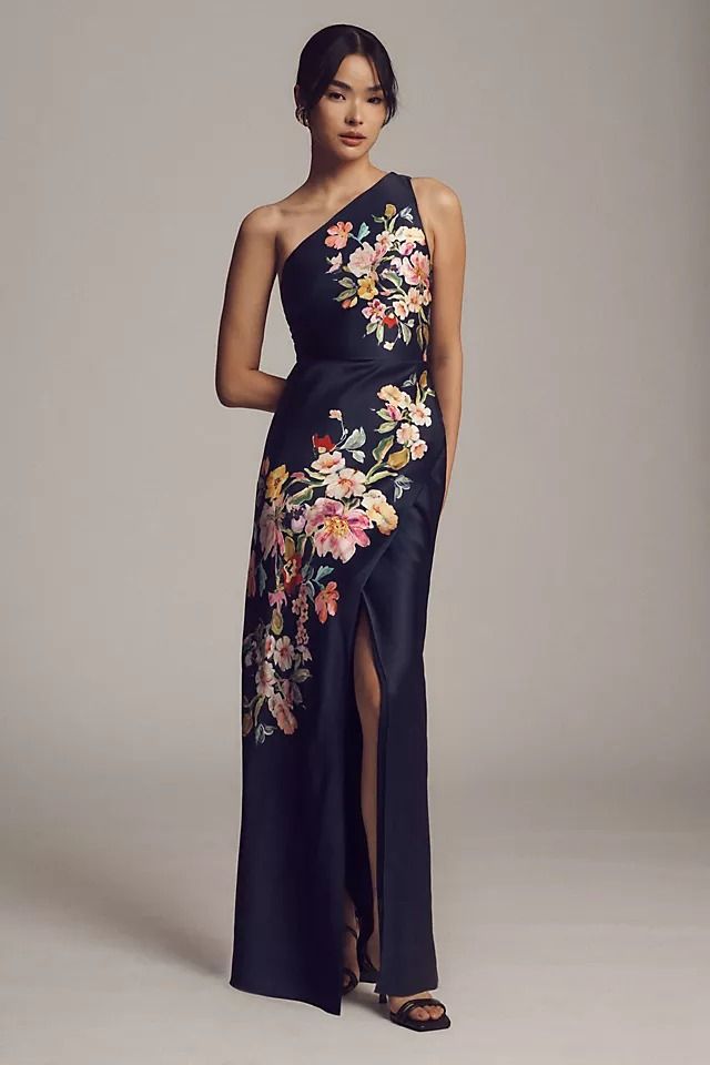 Dylan Stretch Satin One Shoulder Side Slit Maxi Dress