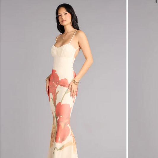 Cream and Red Floral Backless Dress