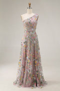 Floral Mauve One Shoulder A Line Embroidered Long Prom Dress With Slit