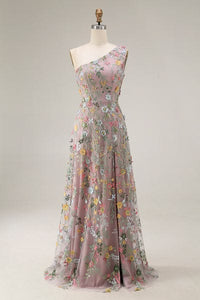 Floral Mauve One Shoulder A Line Embroidered Long Prom Dress With Slit