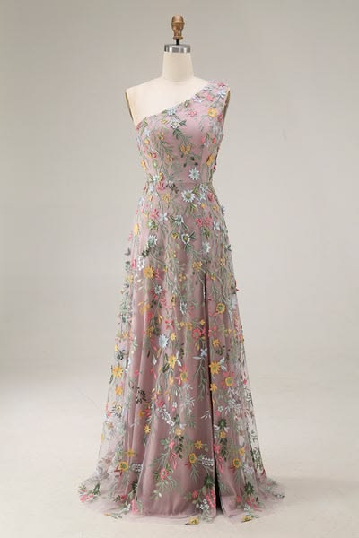 Floral Mauve One Shoulder A Line Embroidered Long Prom Dress With Slit
