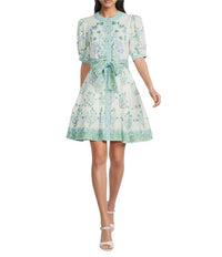 A Loves A Floral Crew Neck Short Bubble Sleeve A-Line Flounce