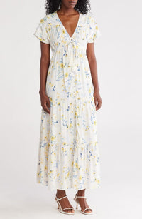Floral Flutter Sleeve Button Front Tiered Maxi Dress (Women)