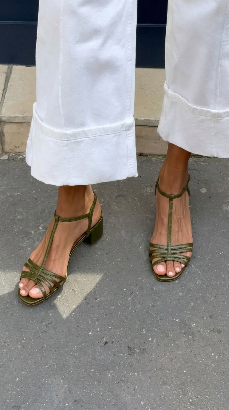 Freya – Metallic T-Bar Buckle Block Heel Sandals
