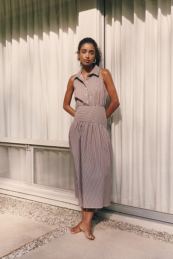 Exquise Tobie Drop Waist Midi Shirtdress Brownwhite Stripe