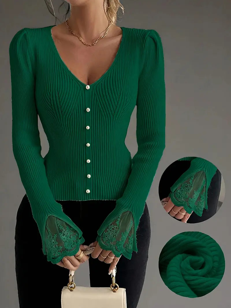 Isabella – Ribbed V-Neck Knit with Lace Sleeves