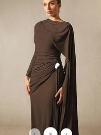 Elegant Brown Draped Evening Dress Color: Brown Red Size: L