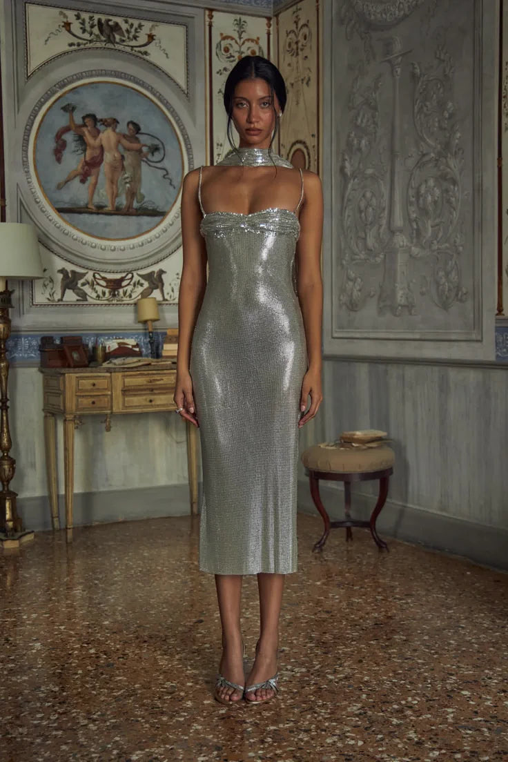 Andromeda Lady Length Dress In Silver Xxs (Petite) (Preorder)