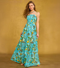 Annabelle Maxi Dress In Flora Turquoise Hummingbird Print