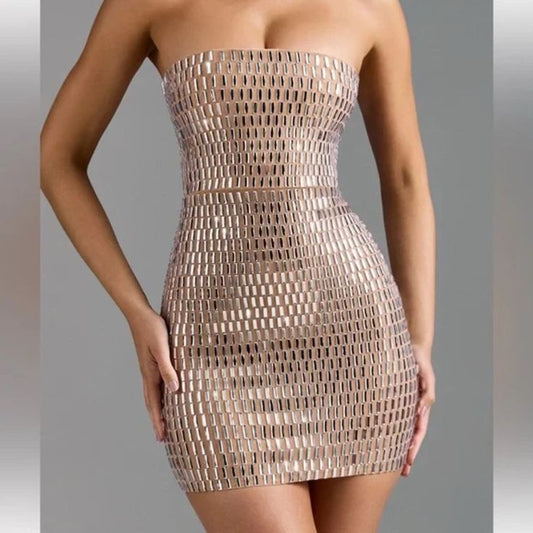 Strapless Metallic Dress in Tan