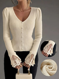 Isabella – Ribbed V-Neck Knit with Lace Sleeves