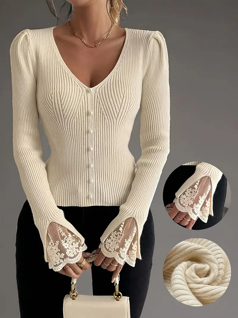 Isabella – Ribbed V-Neck Knit with Lace Sleeves