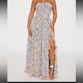Fashion Nova Dress Floral Strapless Maxi Dress Color: Blue Cream Size: