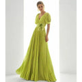Green A-Line Evening Gown Elegant Dress Beach Wedding Formal Floor Length Short Sleeve V Neck Chiffon with Feather Ruche