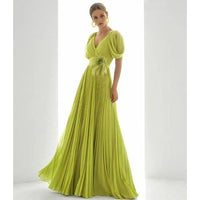 Green A-Line Evening Gown Elegant Dress Beach Wedding Formal Floor Length Short Sleeve V Neck Chiffon with Feather Ruche