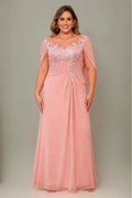 Curveins Elegant Plus Size Sheer Neck Floral Applique Cape Maxi Dress