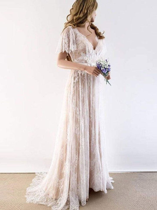 Gorgeous V Neck Cap Sleeves Lace Wedding Dress