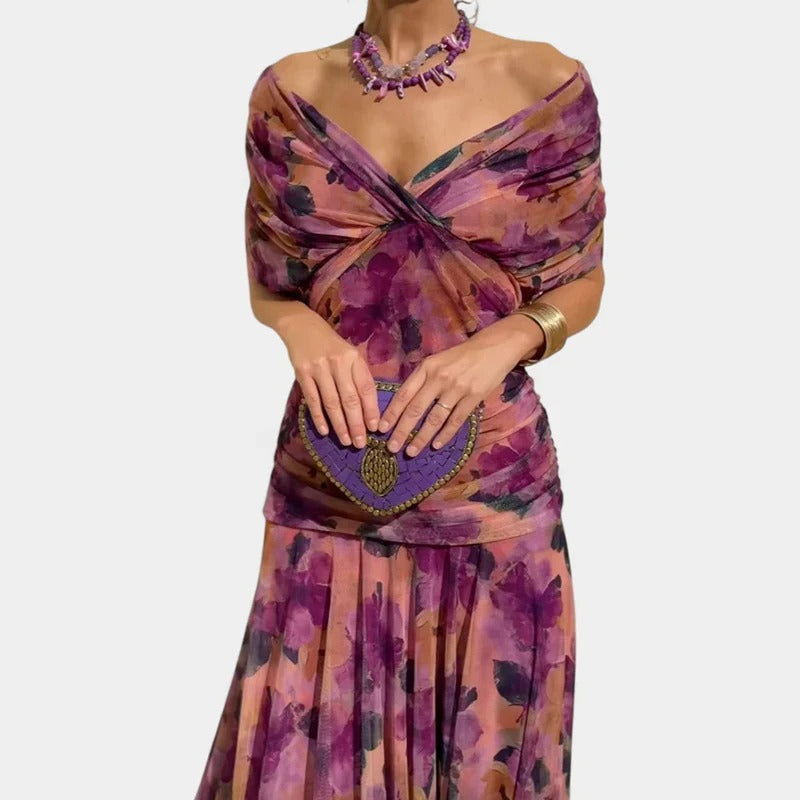 Madison | Chiffon Off-Shoulder Midi Dress Ruched Twist Front 3