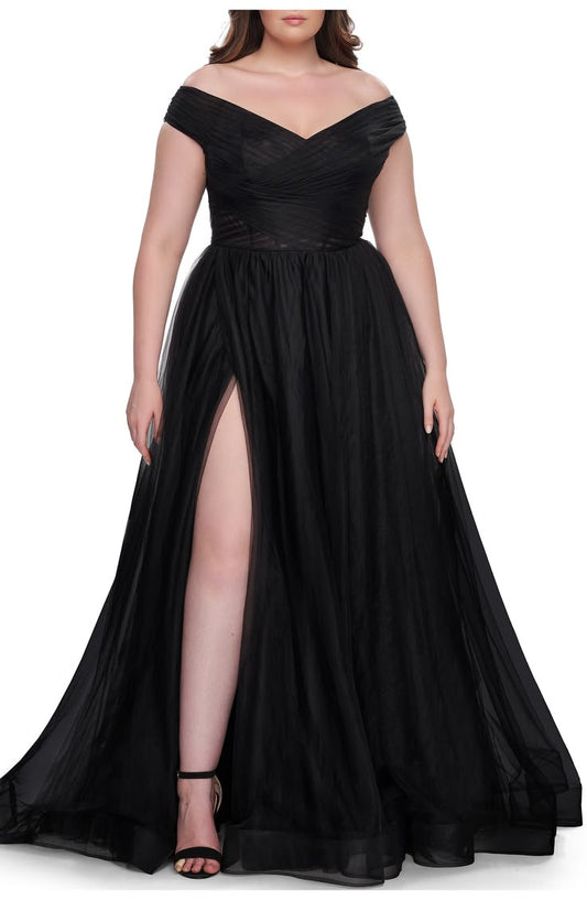 A Line Tulle Off The Shoulder Plus Size Dress With Slit (Women)