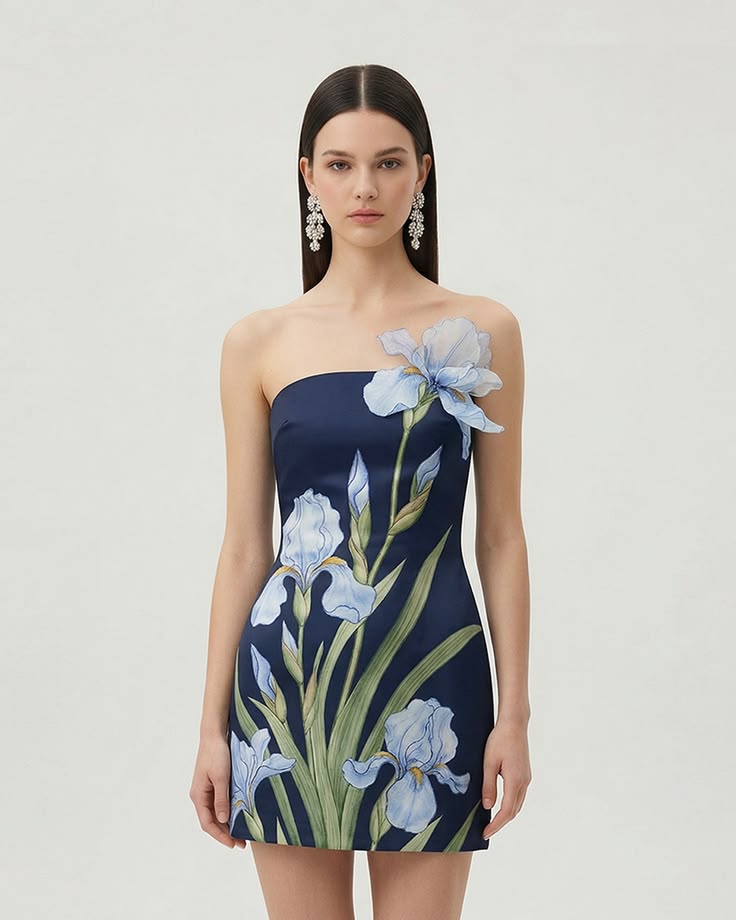 Floral Printed Mini Dress Navy Blue, 10 US